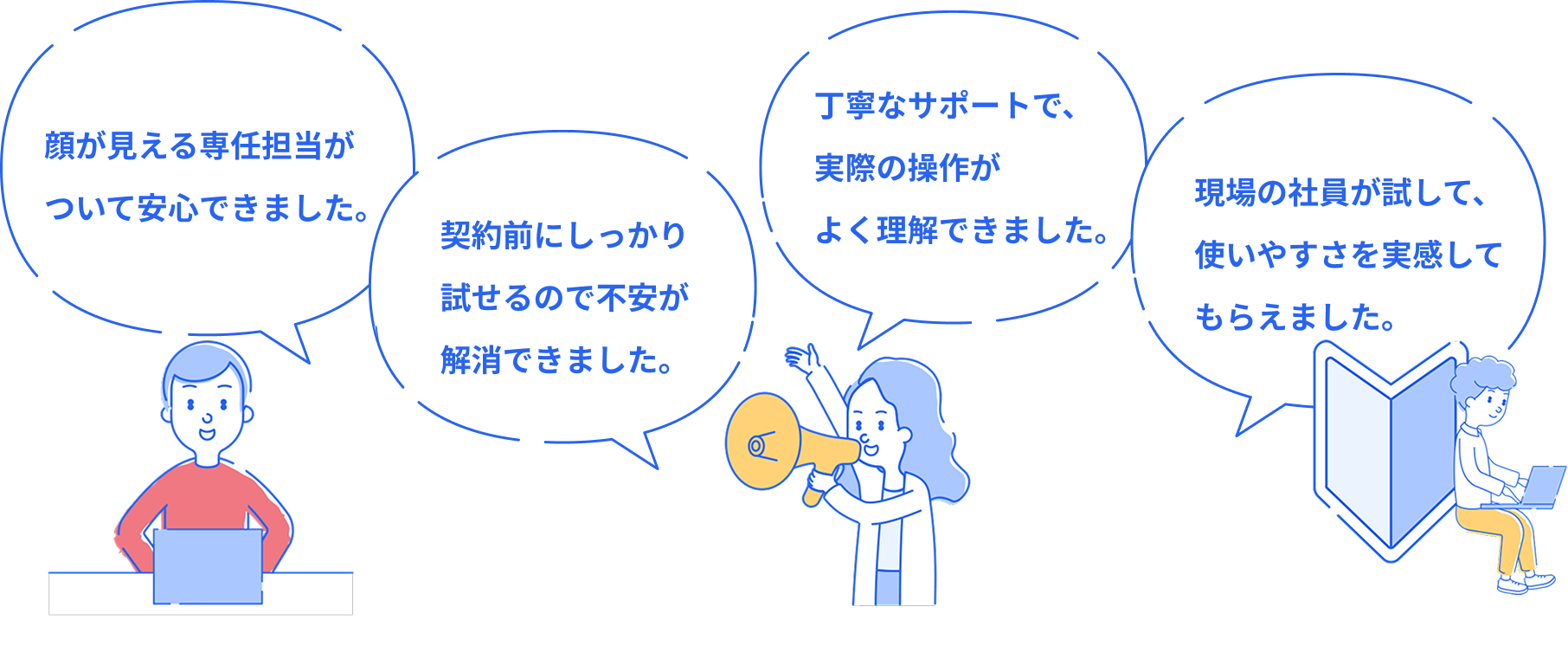 「顔が見える専任担当がついて安心できました。 」「契約前にしっかり試せるので不安が解消できました。」「丁寧なサポートで、実際の操作がよく理解できました。」「現場の社員が試して、使いやすさを実感してもらえました。」