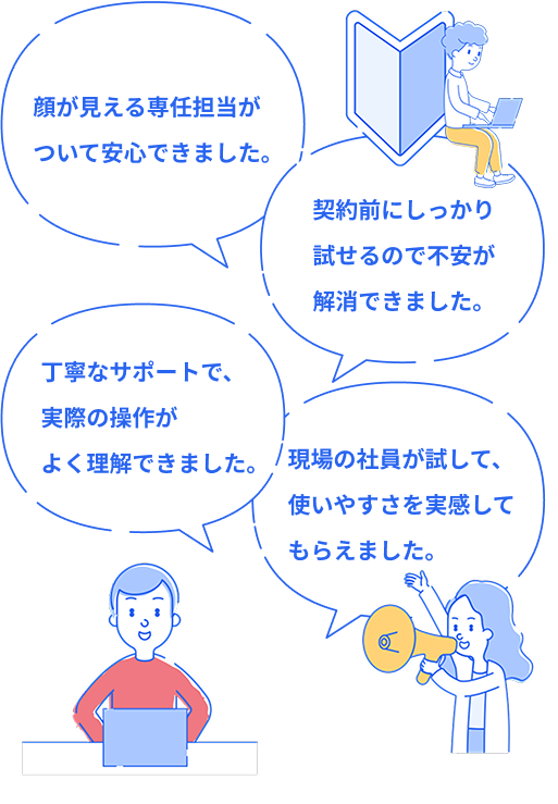 「顔が見える専任担当がついて安心できました。 」「契約前にしっかり試せるので不安が解消できました。」「丁寧なサポートで、実際の操作がよく理解できました。」「現場の社員が試して、使いやすさを実感してもらえました。」