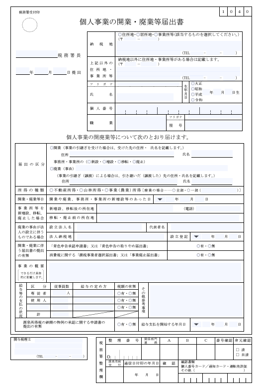 個人事業の開業届出・廃業届出等手続