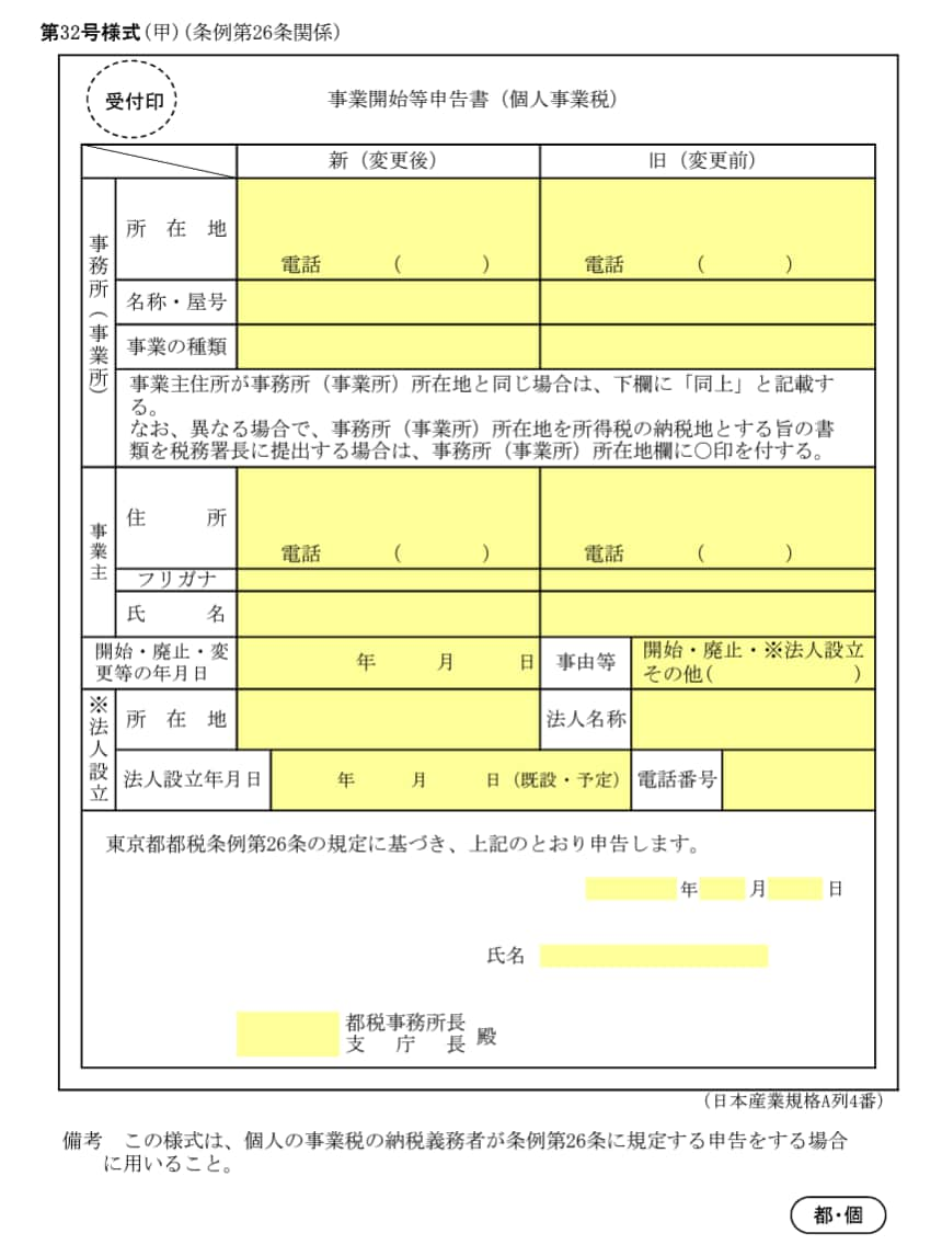 個人事業税の事業開始等申告書